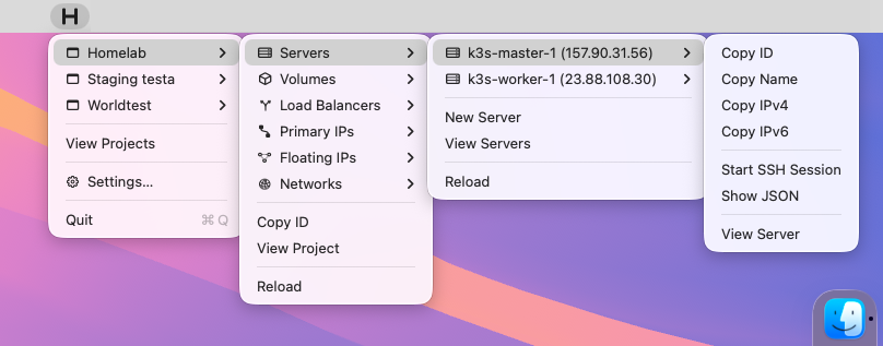 screenshot of HCloudMenubar in action