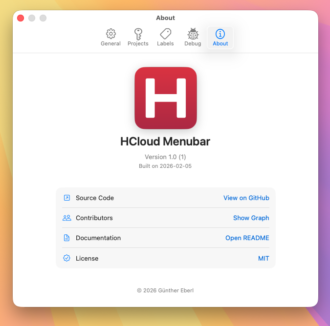 screenshot of HCloudMenubar settings about