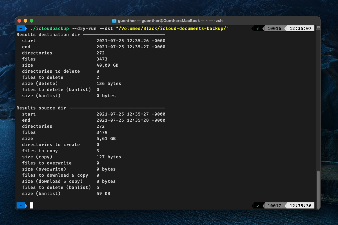 screenshot of iCloud Backup dry-run command
